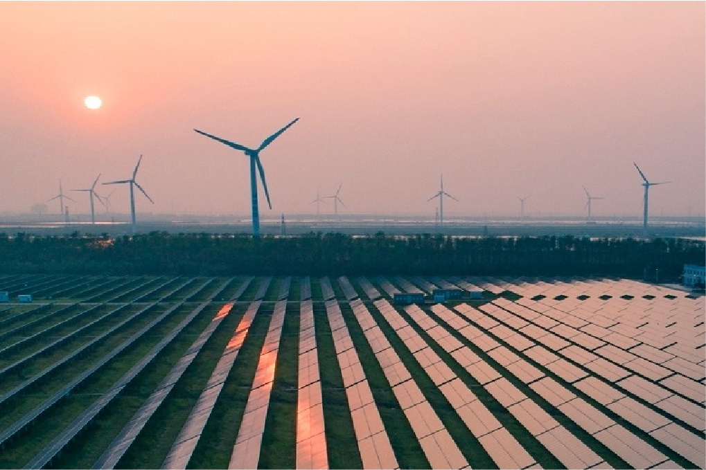 Solar farm and wind turbines